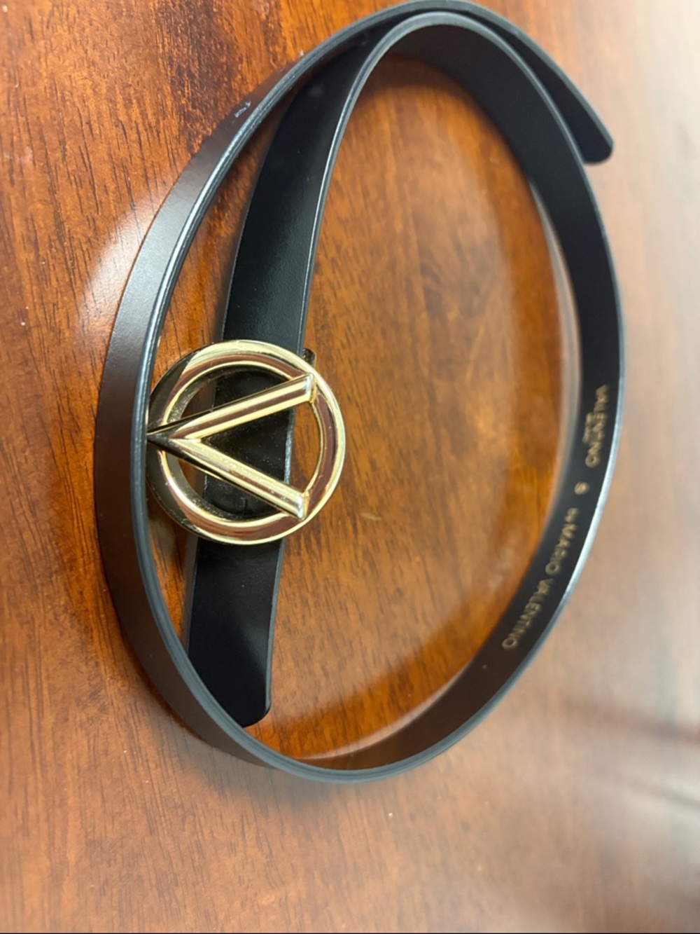 Valentino Black Leather Belt with Gold V-Round Logo Buckle